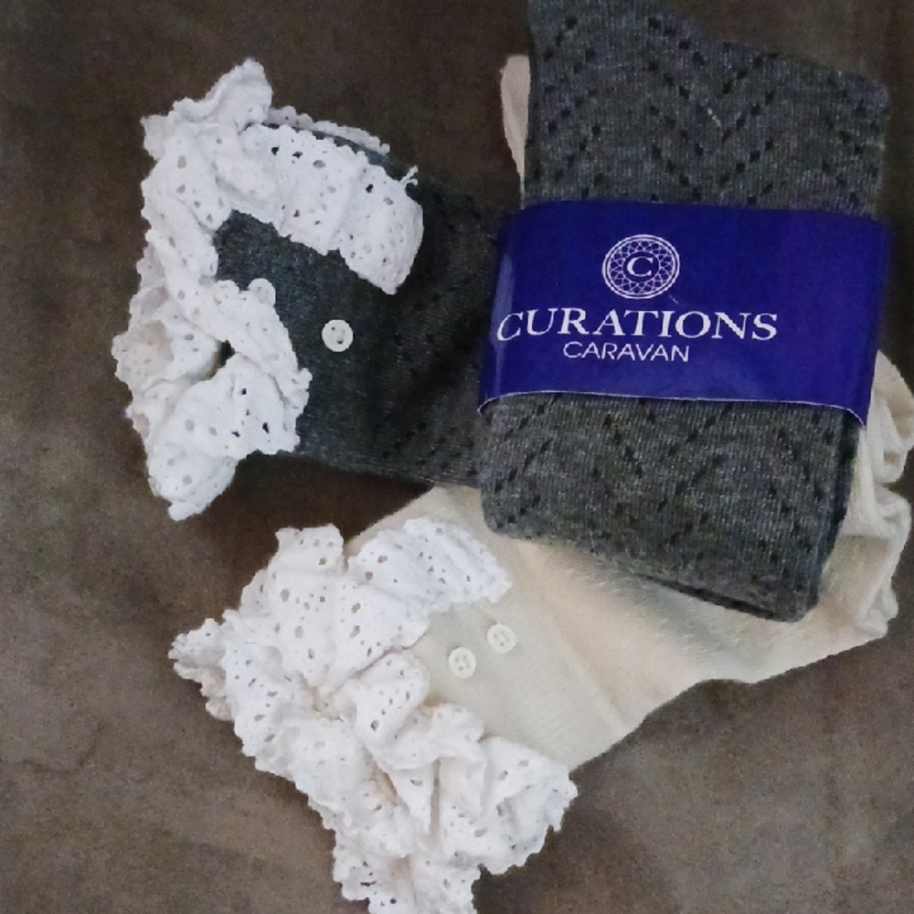 Curations Caravan Knee High Socks - 2 Pack. Gray & Cream With White Ruffles